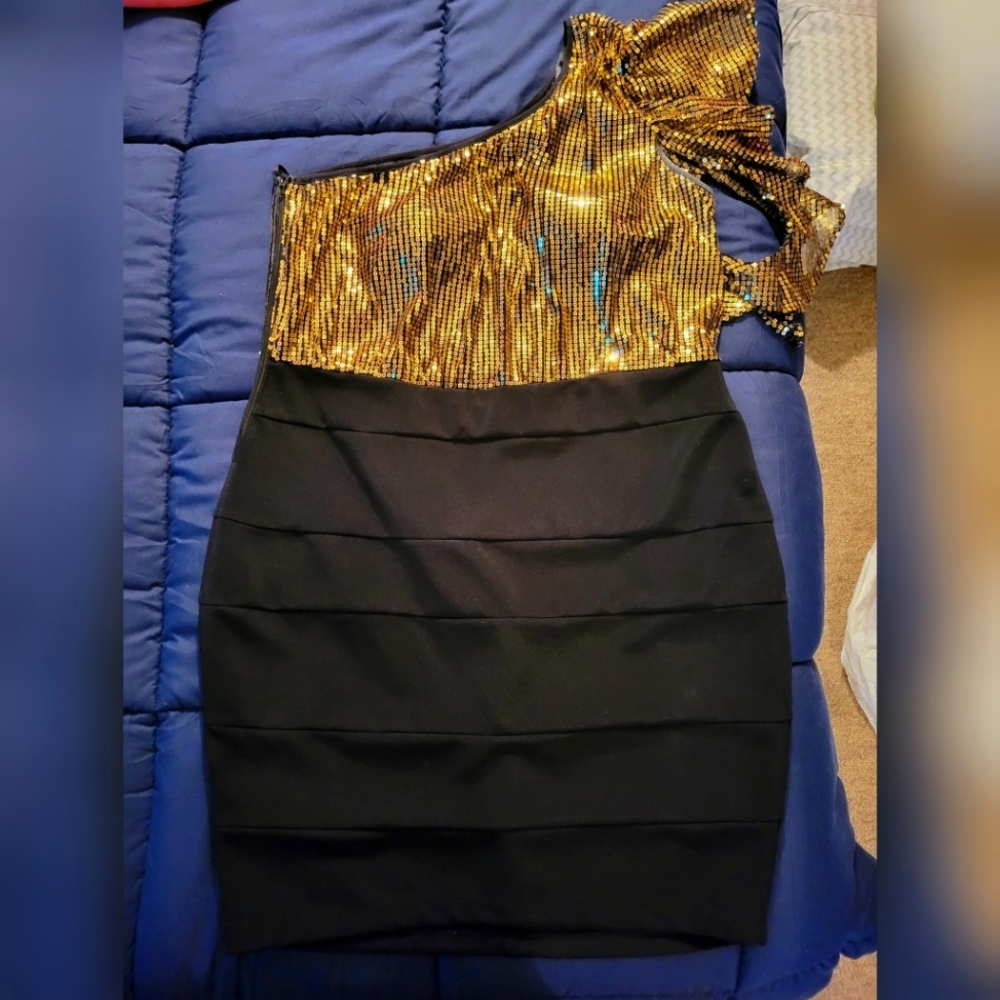 Deb Size 18 Black/Gold Sequin Dress, One Shoulder, Ruffles, Used, Great Shape